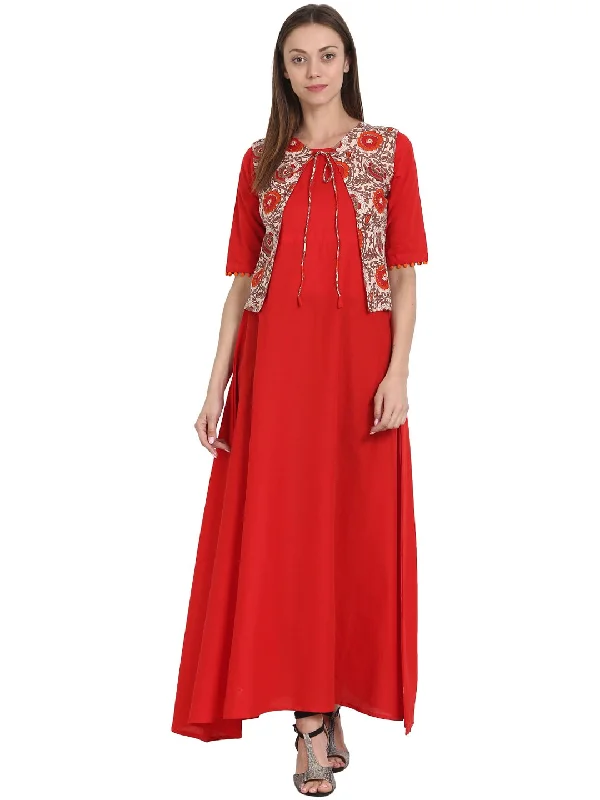 NOZ2TOZ Red Half Sleeve Cotton Anarkali Long Kurta With Sleevless Printed Jacket