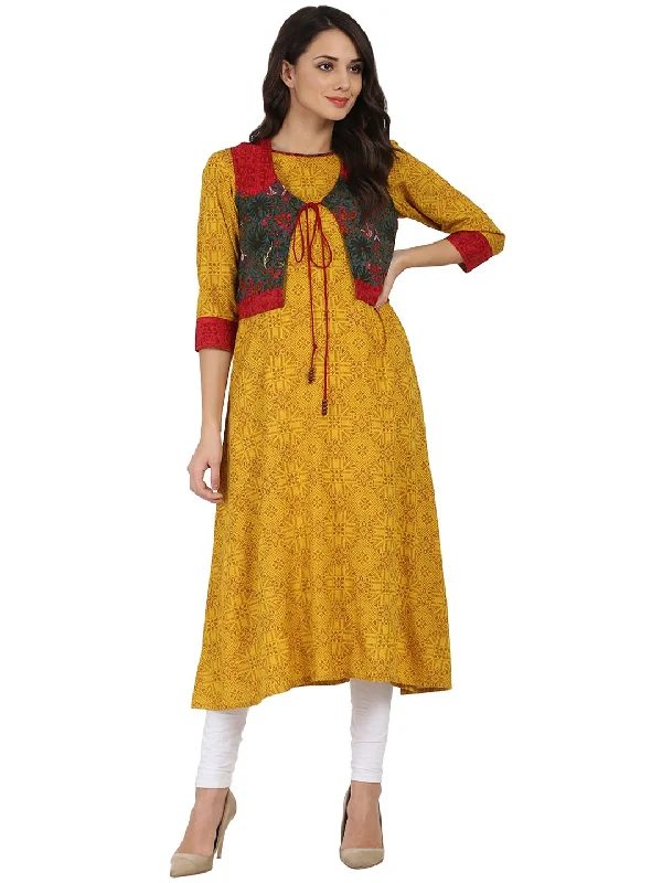 NOZ2TOZ Yellow Printed 3/4Th Sleeve Rayon Anarkali Kurta With Blue Printed Jacket