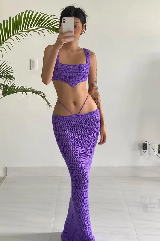 Purple Crochet Long Skirt And Crop Top Set