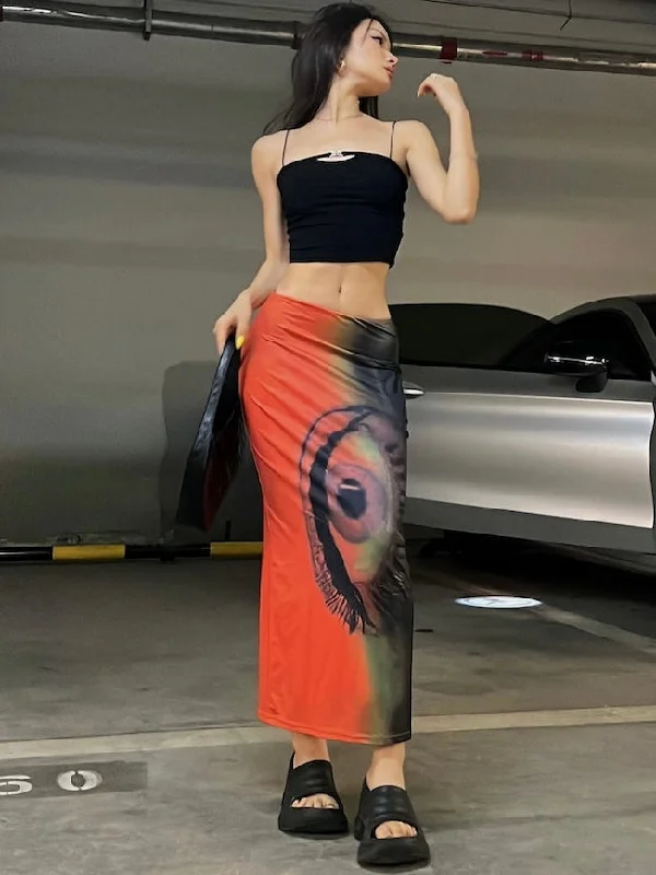 Roah Orange & Black Eye Print High Waist Slim Long Skirt