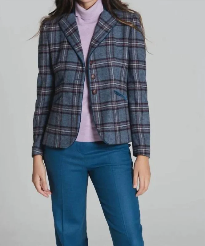 Rose Plaid Wool Jacket In Blue/pink Plaid