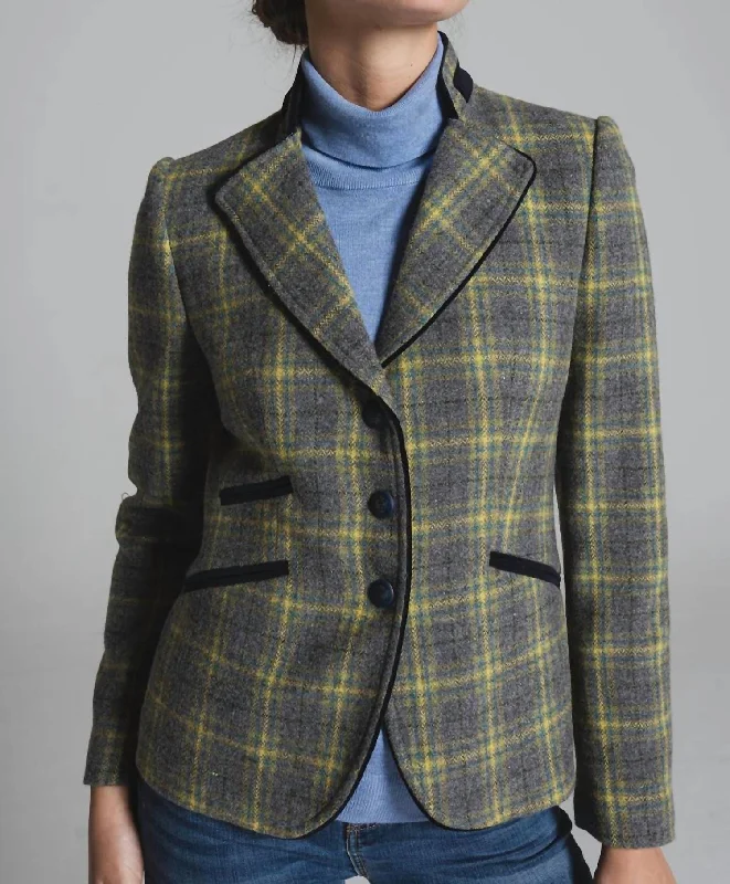 Rose Plaid Wool Jacket In Gray With Lime Plaid