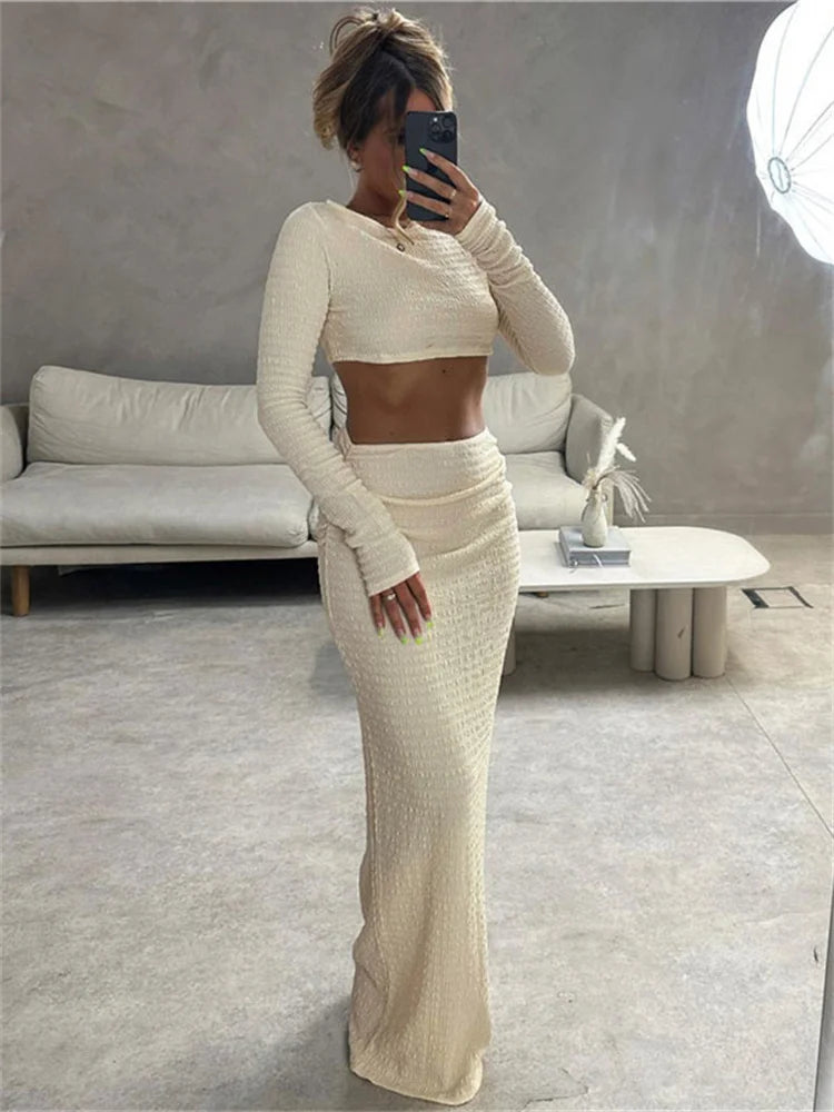 A&A Two Piece Set Long Sleeve Crop top And Maxi Skirt Outfit