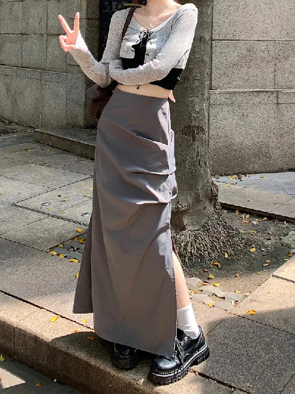 Yuna Solid Color High Waist A-line Side Split Cargo Pleated Long Skirt