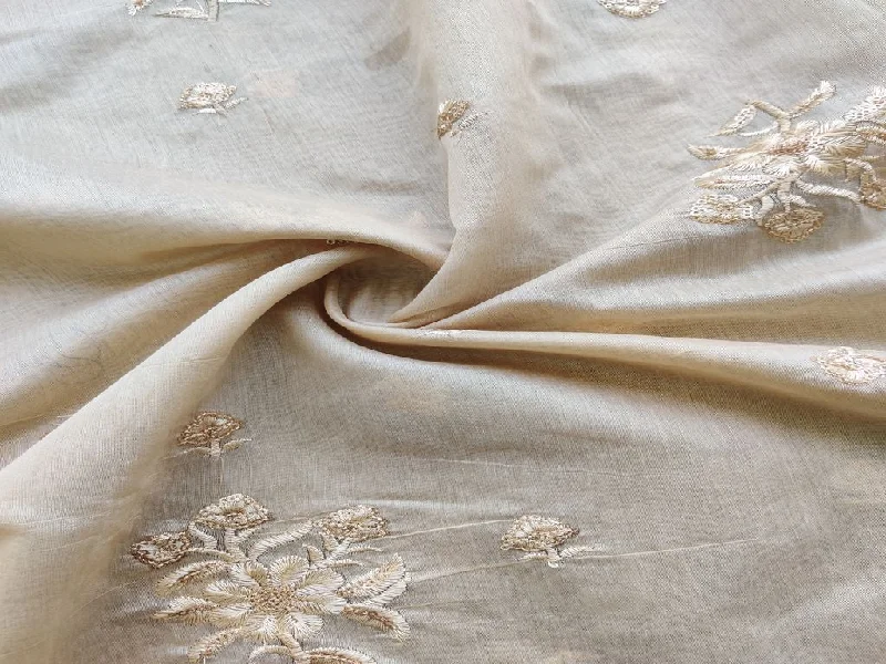 Beige Self Embroidered Floral Motifs Chanderi Fabric