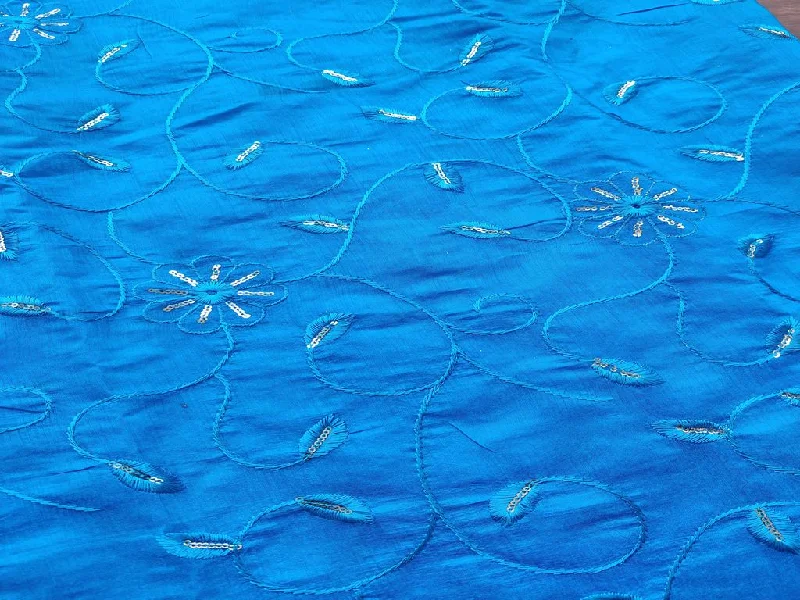 Blue Floral Embroidered Chanderi Fabric