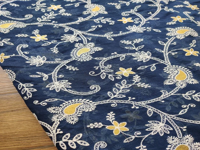 Dark Blue Floral Chikankari and Zari Embroidered Chanderi Fabric