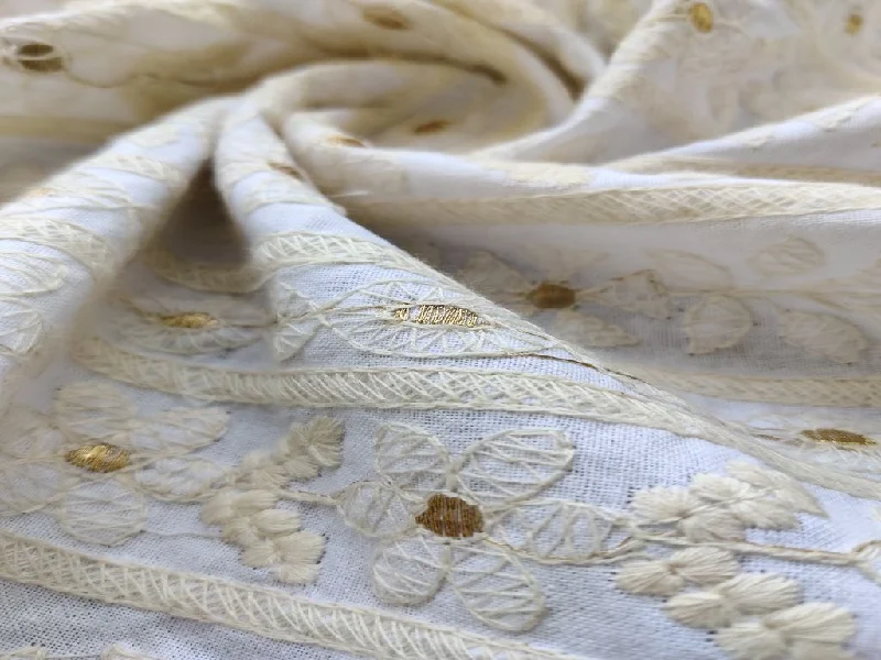 White Dyeable Floral Chikankari Embroidered Cotton Fabric