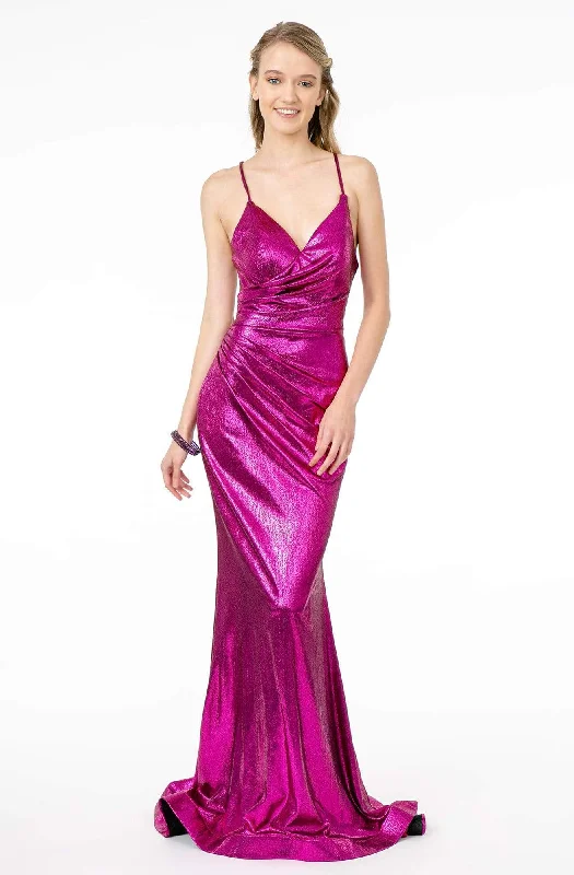 Elizabeth K - GL2943 Plunging V-Neck Ruched Trumpet Dress