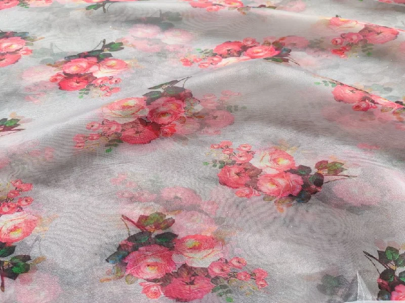 Grey Floral Printed Organza Fabric