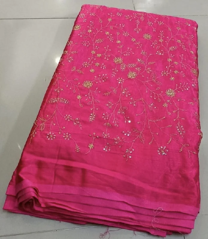 Hot Pink Floral Embroidered Viscose Gaji Silk Fabric