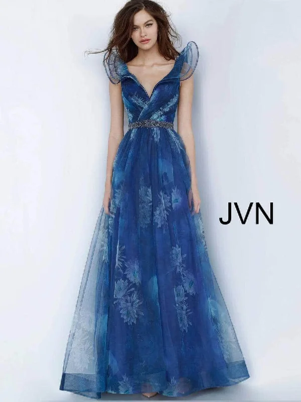 Jovani 2342ASC - Ruffled Shoulder Printed Prom Dress