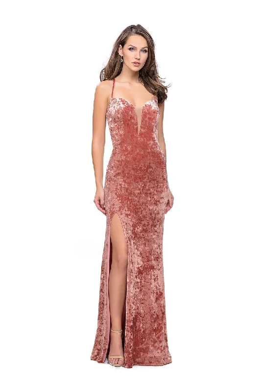 La Femme - 25659 Strappy Plunging Velvet Slit Dress