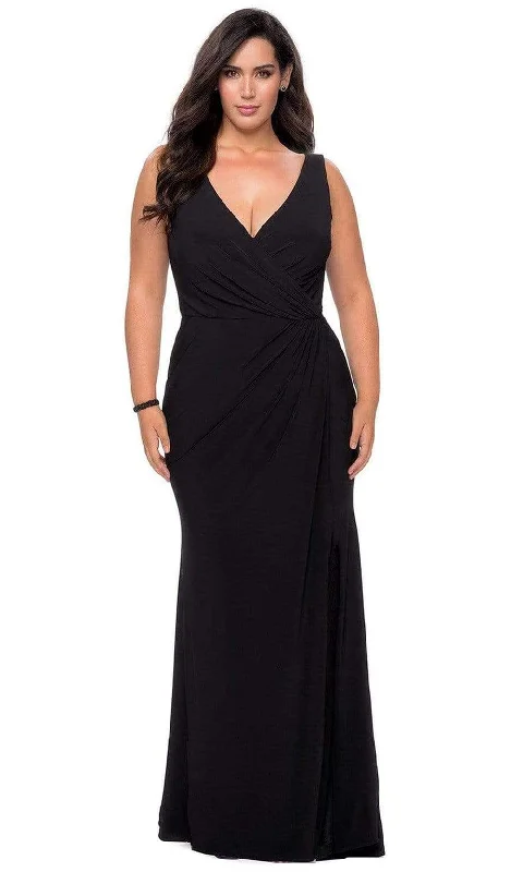 La Femme - 28882 V-neck Ruched Modest Prom Jersey Dress