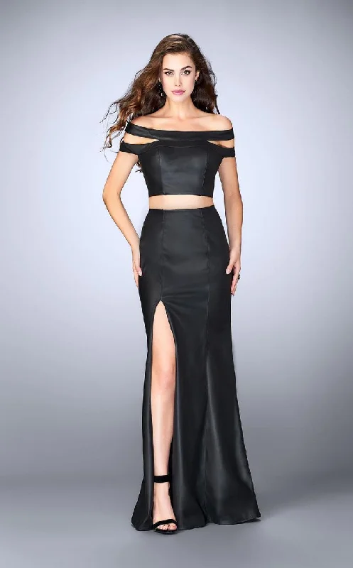 La Femme - 24109 Dashing Off The Shoulder Neck Two-Piece Leather Dress