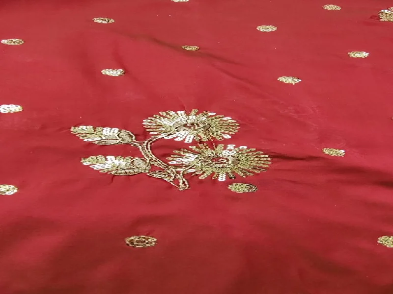 Maroon With Golden Sequins And Dori Floral Motifs Taffeta Silk