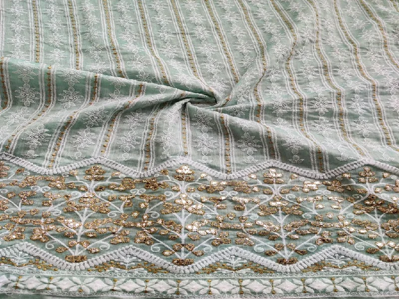 Mint Green Lakhnawi & Mirror Work Floral Embroidered Chanderi Fabric