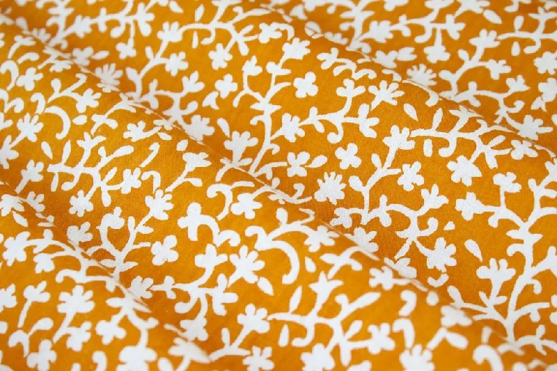 Mustard Yellow White Floral Printed Pure Cotton Fabric