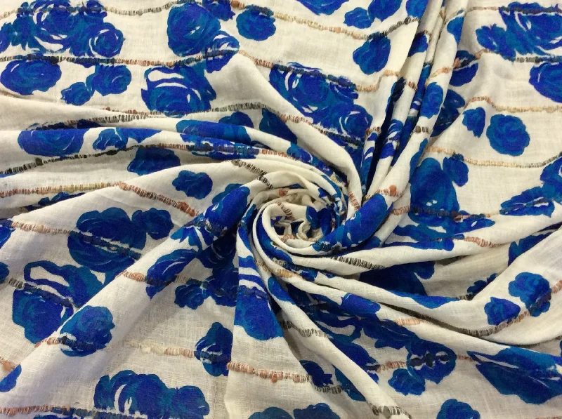 Off White Blue Flowers Printed Cotton Fabric