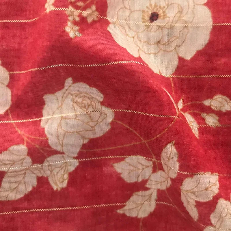 Orange Red and Ivory Floral Viscose Lurex Fabric