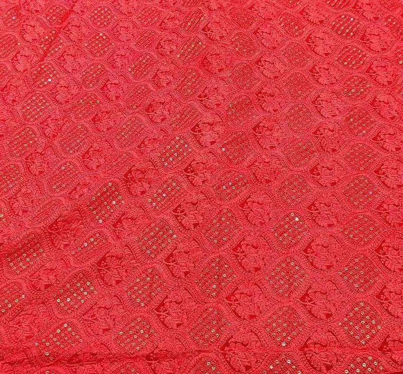 Pale Red Floral Lakhnavi Embroidered Viscose Georgette Fabric