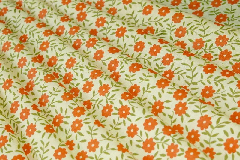 Peach Green Floral Printed Pure Cotton Fabric