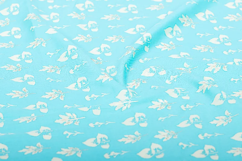 Sky Blue Leaf Print Cotton Fabric