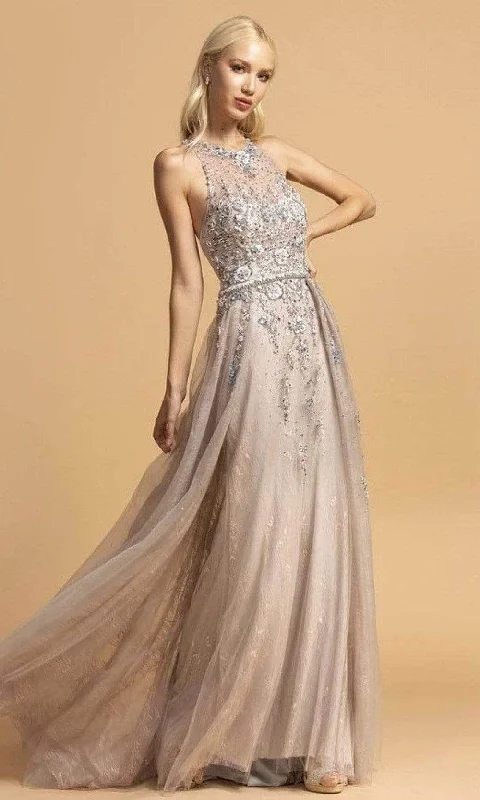 Trevi Collection - Halter Floral Beaded Prom Dress L2155 - 1 pc Silver - Blush In Size M Available