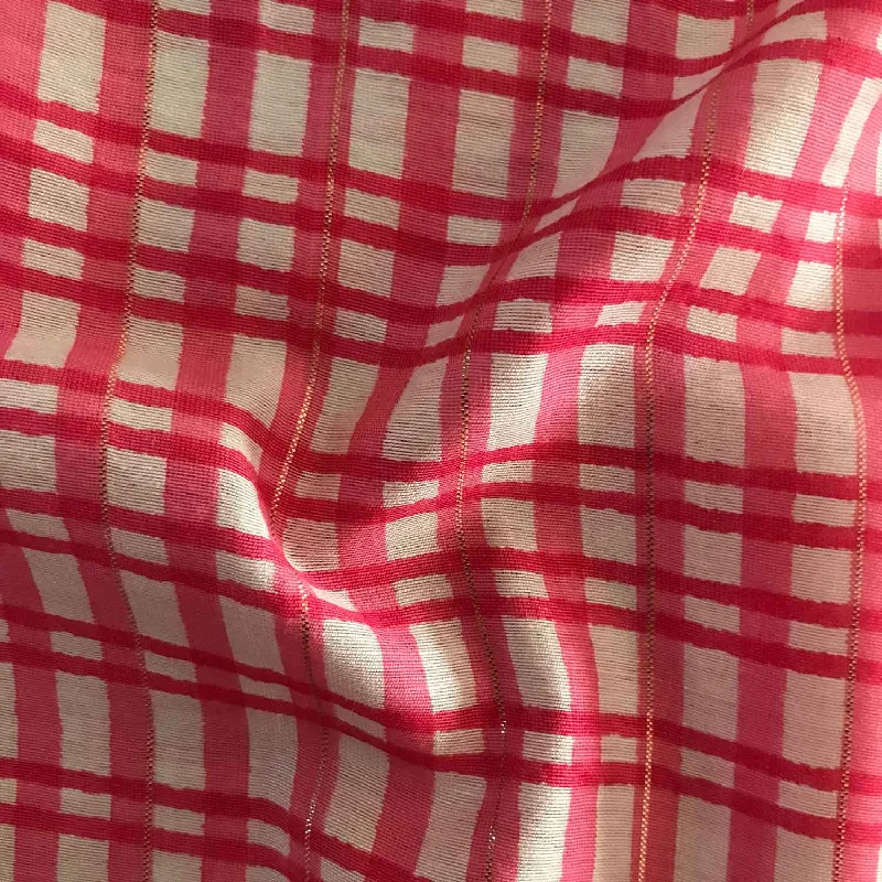 White and Pink Checks Print Viscose Chanderi Lurex Fabric