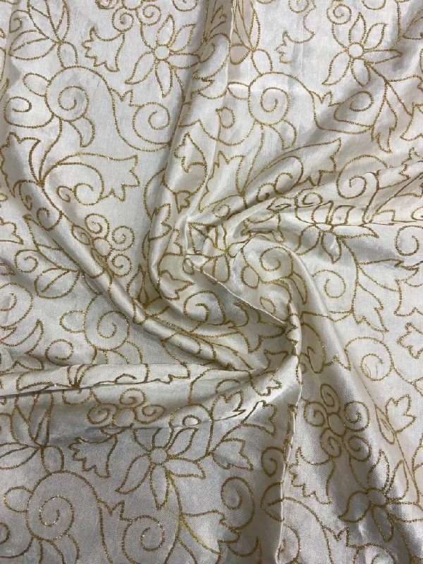 White & Golden Floral Dyeable Embroidered Viscose Gaji Silk Fabric