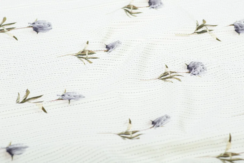 White Gray Lining Flower Printed Cotton Fabric