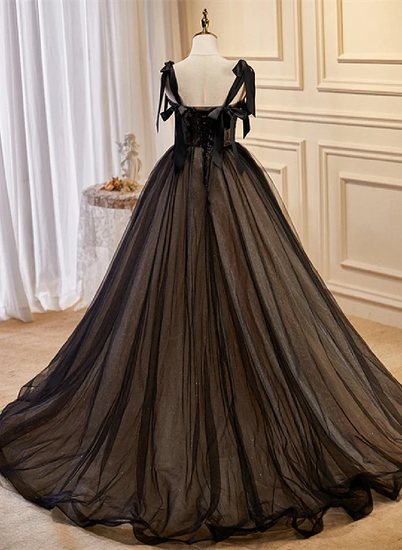 Black Straps Tulle with Lace Long Formal Dress, Black A-line Prom Dress