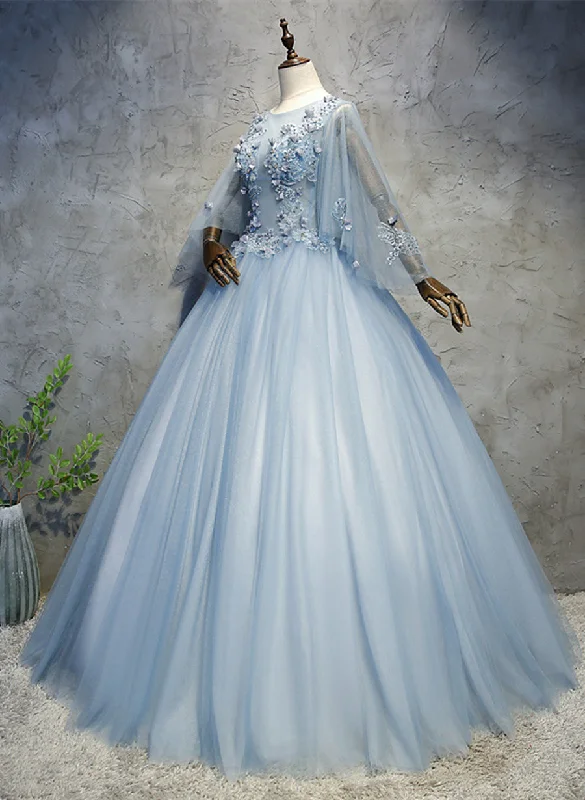 Blue-Grey Ball Gown Tulle Sweet 16 Dress with Lace, Long Formal Dress