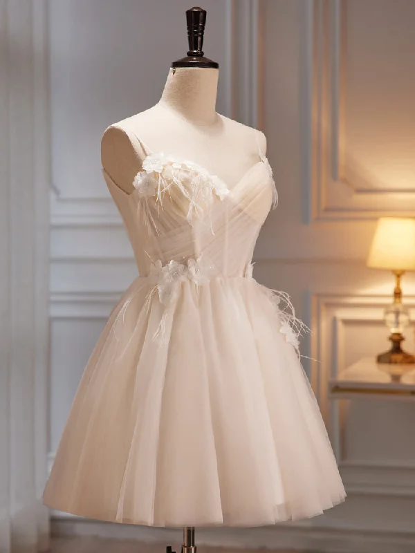 Ivory Tulle Short Homecoming Dress with Flowers, Ivory Short Prom Dress