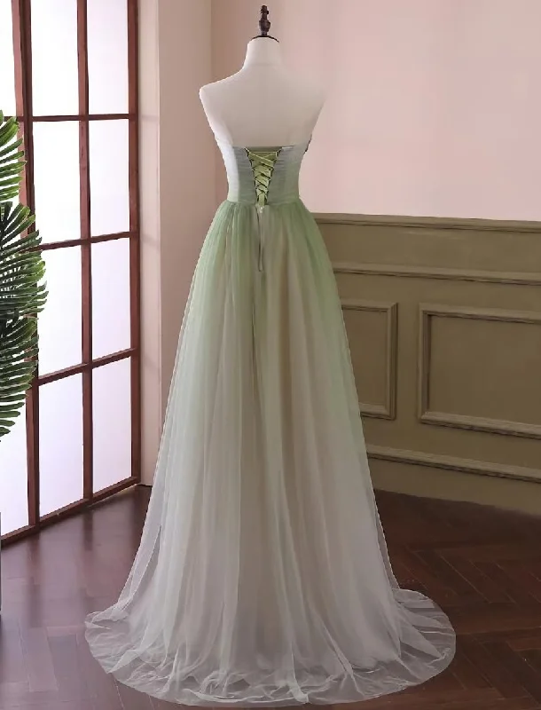 Light Green Gradient Tulle Long Formal Dress, Green Beaded Sweetheart Prom Dresses