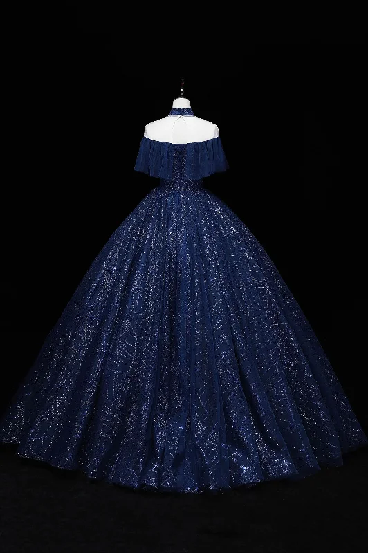 Navy Blue High Neckline Tulle with Lace Formal Dress, Navy Blue Ball Gown Sweet 16 Dress