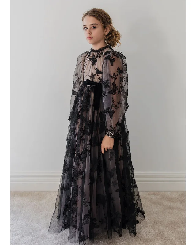 PETITE AMALIE "Enchanted Delight" Black Butterfly Tulle Gown Dress with Natural Lining