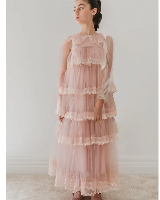 PETITE AMALIE "Enchanted Delight" Long Sleeve Mauve Layered Tulle Gown