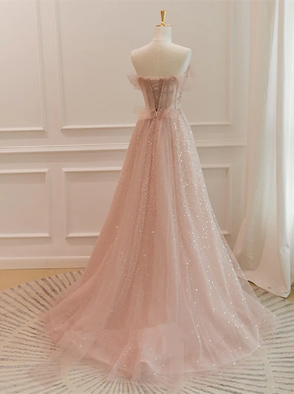 Pink Sparkle Tulle with Beadings Long A-line Formal Dress, Pink Tulle Sweetheart Prom Dress