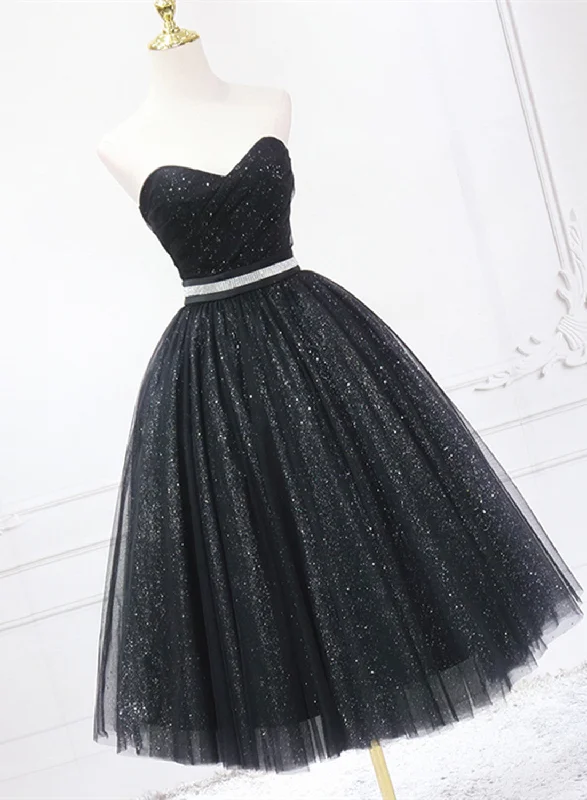 Shiny Black Sweetheart Tea Length Tulle Prom Dress, Black Evening Dress Homecoming Dress