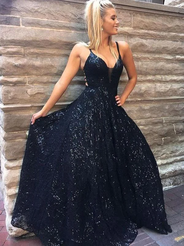 A-line Dark Navy Spaghetti Straps Lace Prom Dress Sparkly Long Evening Dresses NA4004