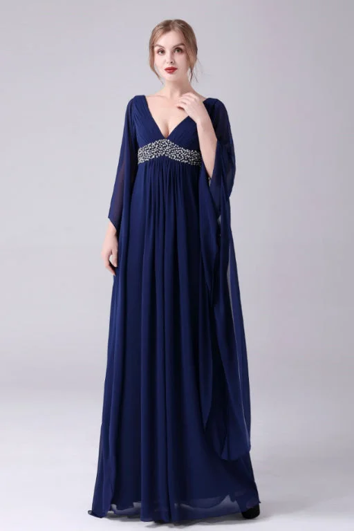 A-Line V-neck Floor Length Long sleeves Backless Sequined mother's dress