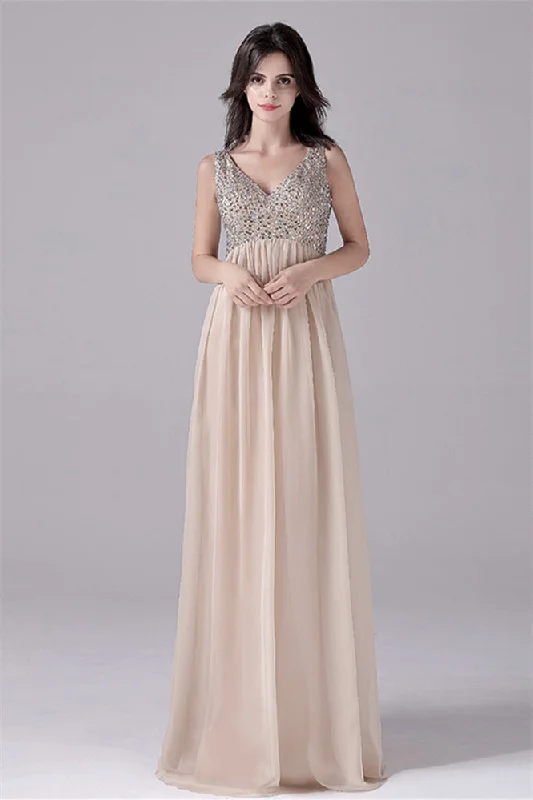 A-Line V-neck strap Sequined Floor Length Sleeveless Backless mother's dress