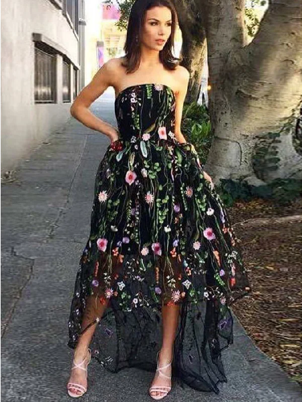 Black Prom Dresses A Line Strapless Lace High Low Long Prom Dress JKL875