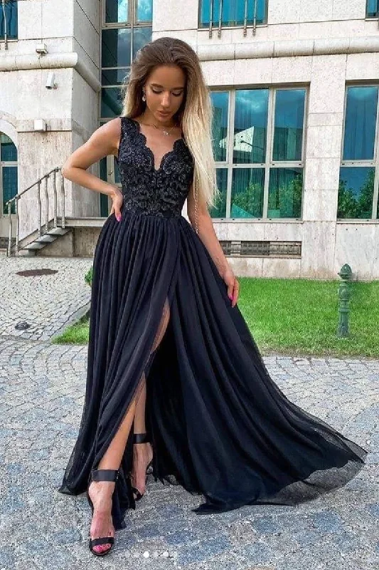 Black V Neck Chiffon  Lace Long Prom Evening Dress GJS719