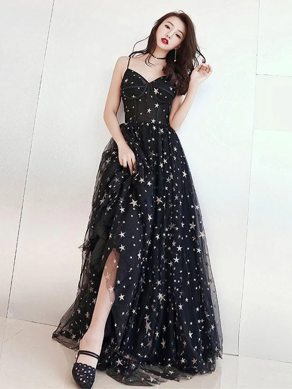 Chic Prom Dresses A-line Floor-length Star Lace Beautiful Long Black Prom Dress JKL1384