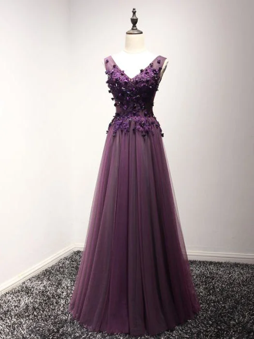 Chic Prom Dresses Appliques V-neck Lace-up Floor-length Prom Dress/Evening Dress JKL261