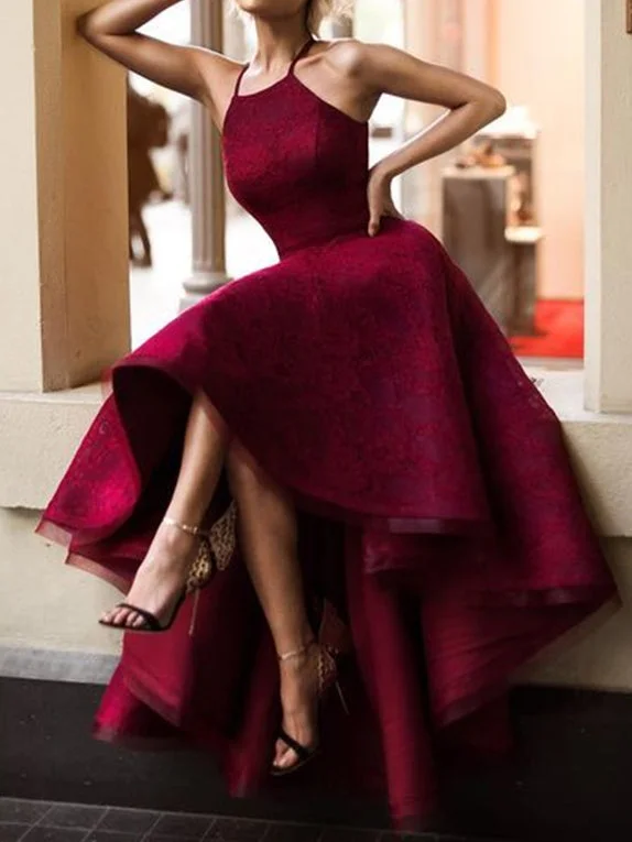 Chic Prom Dresses Sexy Halter Burgundy Lace Prom Dress/Evening Dress JKL068