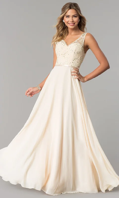 V-Neck Sleeveless Lace-Bodice Long Prom Dress