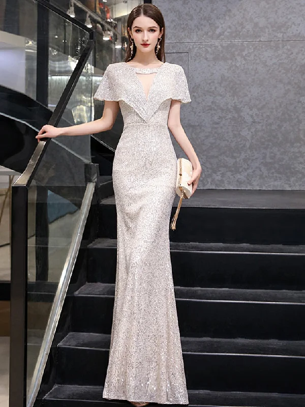 Elegant Flounce V-neck Sequins Formal Occasion Dress Short-Sleeve Mermaid Robe Silver Long Gowns